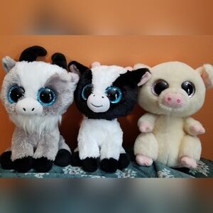 Ty Beanie Boo Plush Farm Trio. Butter The Cow, Piggley The Pig, Gabby The Goat